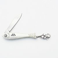 Perleťový český nožík rybička so striebornými kryštálmi a karabínkou v dizajne od Alexandry Dětinskej
