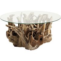 Sklenený odkladací stolík s podstavcom z teakového dreva Kare Design Roots, Ø 100 cm