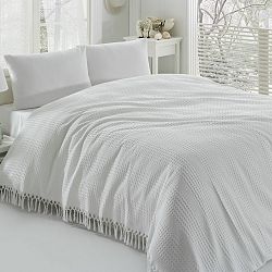 Biely bavlnený ľahký pléd cez posteľ Pique, 220 x 240 cm