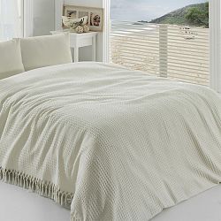 Krémový ľahký bavlnený pléd cez posteľ na dvojlôžko Pique, 220 x 240 cm