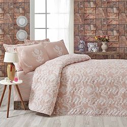 Ružový pléd cez postel na dvojlôžko s obliečkami na vankúše Pure, 200 × 220 cm