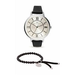 Set dámskych hodiniek s čiernym koženým remienkom a náramku Victoria Walls Classy