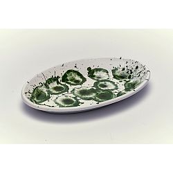 Zeleno-biely smaltovaný servírovací tanier Kapka Floral Madness